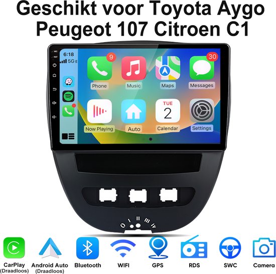 Junsun Android 15 Draadloze CarPlay Andriod Auto Autoradio Geschikt Voor Toyota Aygo Peugeot 107 Citroen C1 - Bluetooth - Achteruitrijcamera - GPS Navigatie - Plug & Play - 10-inch Touchscreen - WiFi - SWC - Octa-core processor