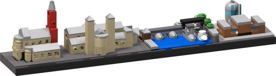 Skyline van Maastricht met gebouwen, een brug en water, op een zwarte basis.