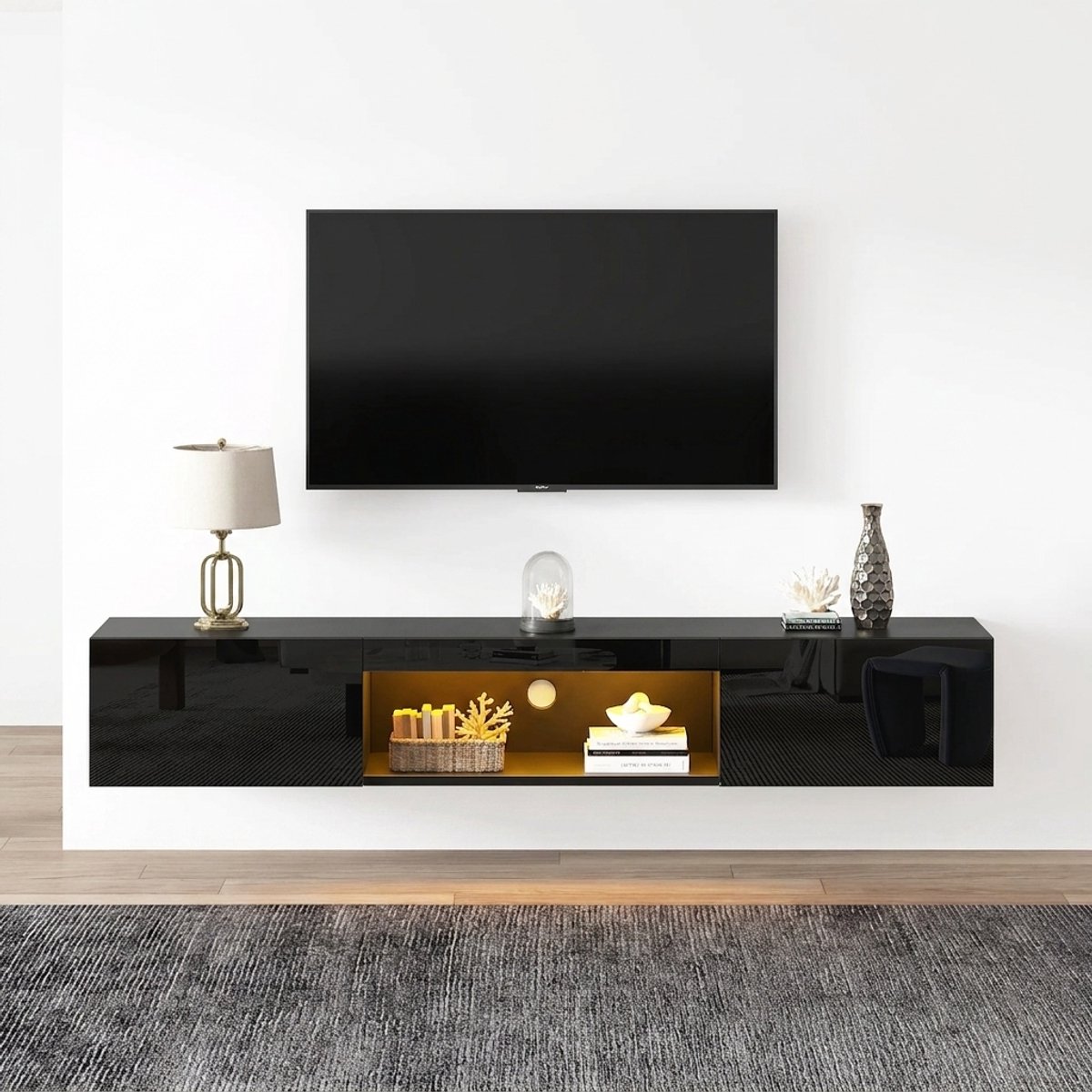 LED wand TV-meubel – hoogglans zwart – 160 cm – zwevende tv-kast – met Bluetooth LED-verlichting – moderne TV-standaard met opbergruimte