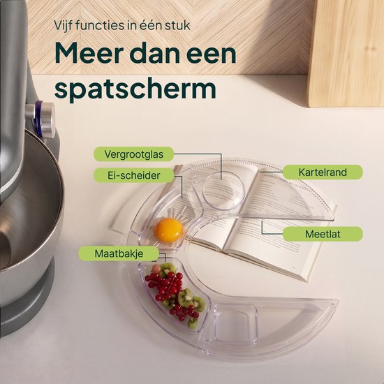 Transparant multifunctioneel spatdeksel voor keukenmixer met maatbeker, ei-scheider en vergrootglas.
