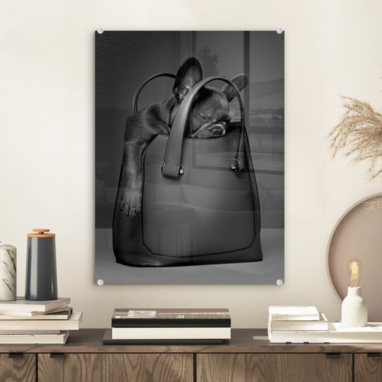 Peinture sur verre - Chien dans un sac à main - noir et blanc - 30x40 cm - Peintures sur Verre Peintures - Photo sur Glas