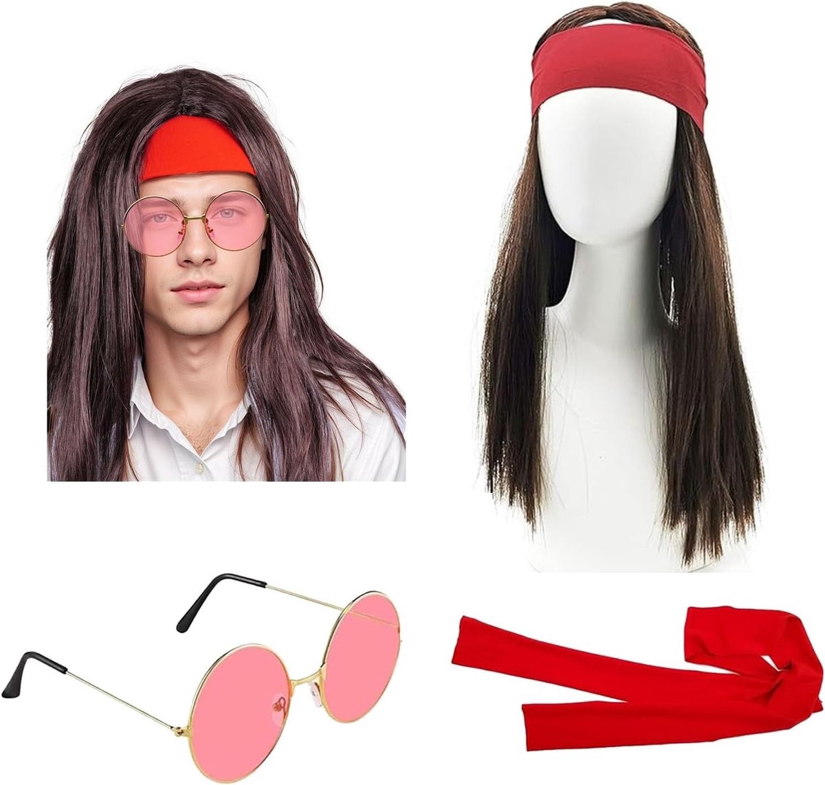 Hippie Kostuum voor Mannen met Periode Accessoires, Wieg, Zonnebril en Hoofdband voor Carnaval en Halloween