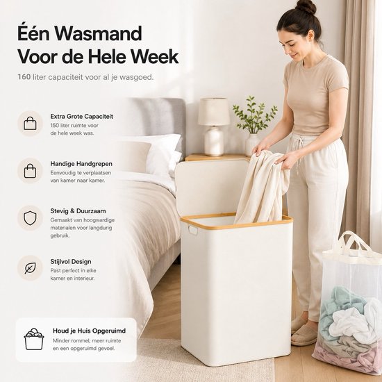 Grote beige wasmand met bamboe deksel, 160 liter. Een vrouw plaatst kleding in de mand. In slaapkamer.