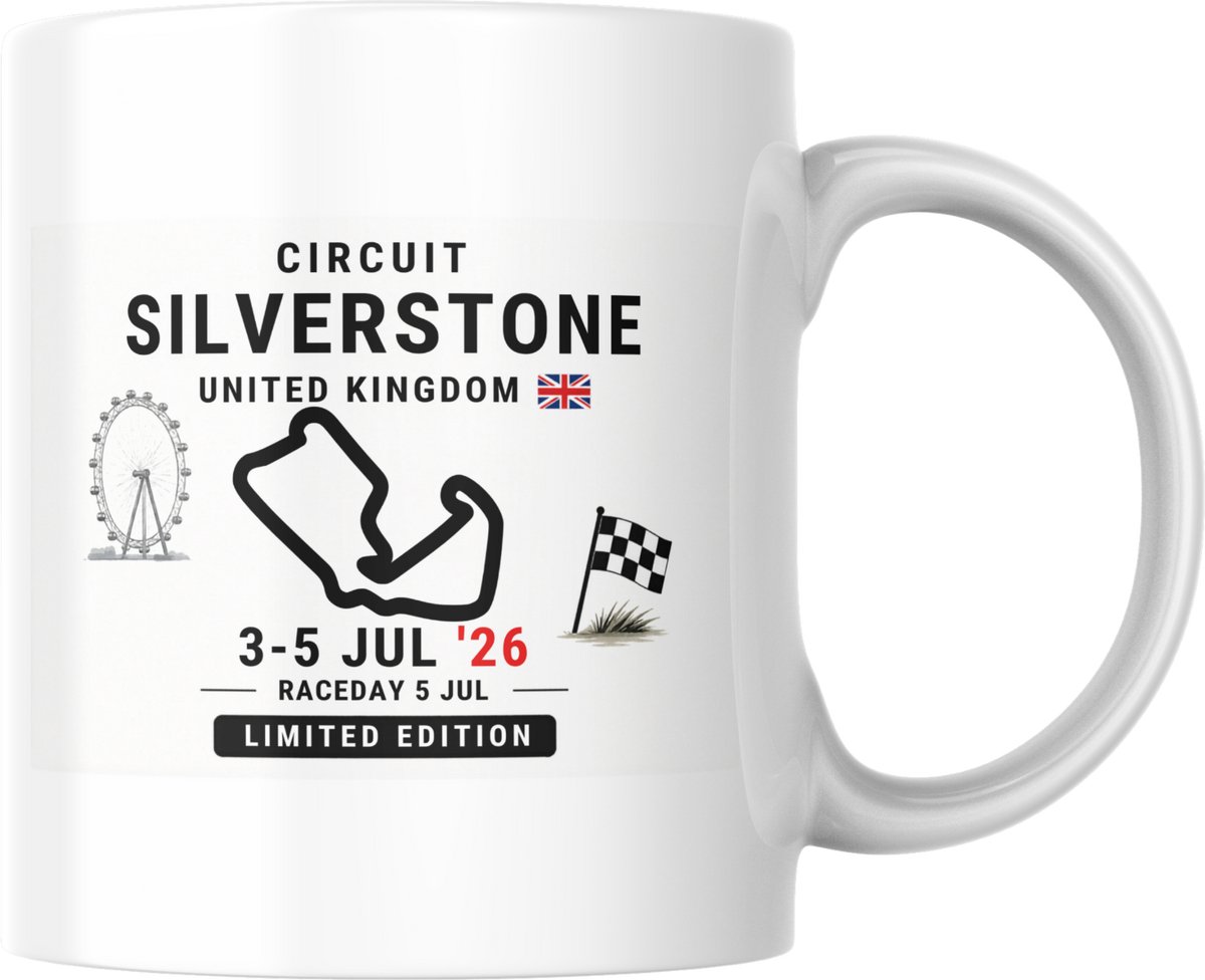 Hip met Pit Creaties - F1 Mok Silverstone 2026 - Formule 1 Circuit Mok - Grand Prix Silverstone 3-5 JUL '26 - Racedag 5 JUL - F1 Cadeau - Limited Edition Racefan Merchandise