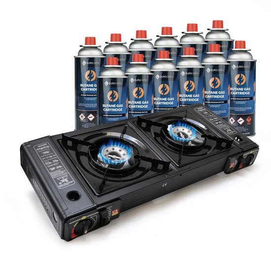 Eurocatch 2 pits Kooktoestel op Gas - incl 12 Butaan Gasbussen - Gas Stove - Camping Kooktoestel - Gaspit - Gasfornuis - Gasstel - Cooker