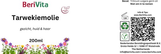 Label voor Tarwekiemolie 200ml van Berivita. Met tekst 'Tarwekiemolie', 'gezicht, huid & haar' en bloemenillustraties.