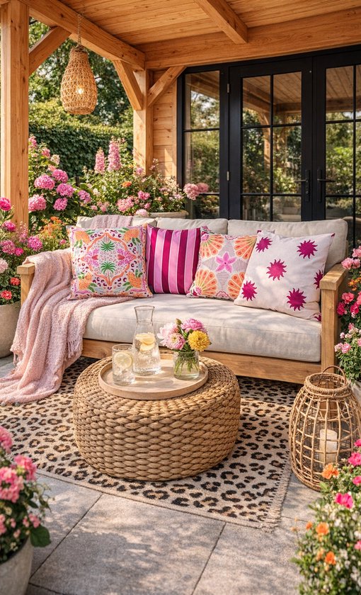 Lichtbruine hoekbank op een terras met diverse sierkussens met patronen, een roze plaid en een luipaardprint vloerkleed.