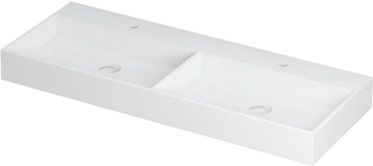 INK United Wastafel Porselein Dubbel met 2 Kraangaten incl. Porseleinen Click Plug en Verborgen Overloop Systeem - 1200x450x110 mm - Mat Wit