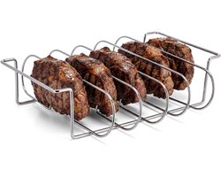 Sparerib Rek BBQ - Klemrooster - Vlees En Spare Rib Rek - Oven & BBQ Accesoires - Rib Rack - Spareribs Houder - Omkeerbaar - Ovenrooster - Barbecue Rib Rack - Rvs - Met 6 Sleuven - Geschikt Voor Barbecues En Smokers - Zilver