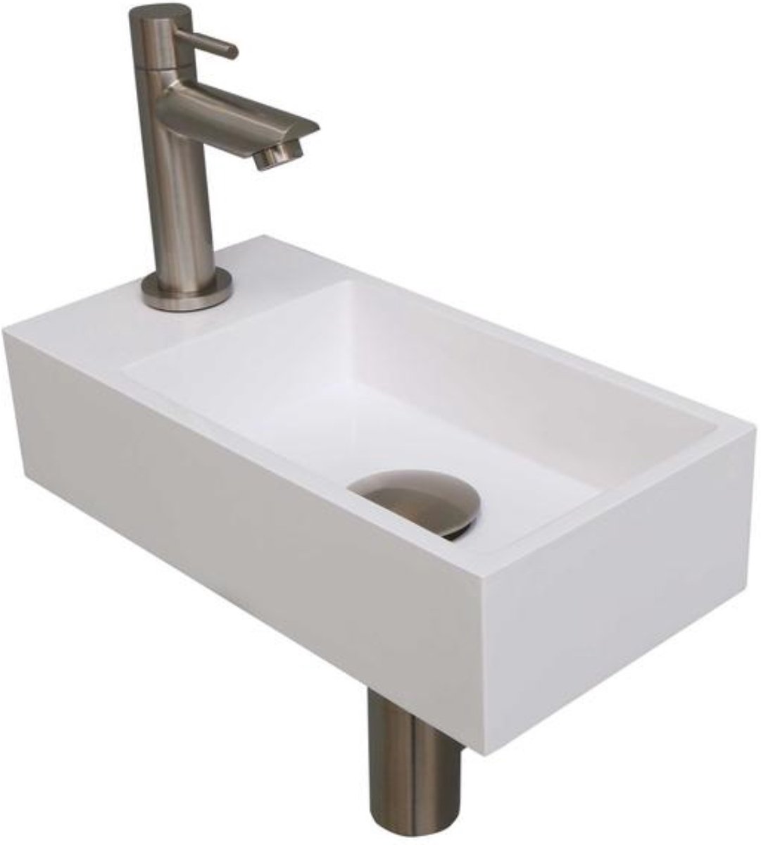 INK - Fonteinpack Polystone Links incl. Fonteinkraan - Design Sifon - Design Plug en Montageset - 360x180x90 Mm - Glans Wit/brushed Nickel