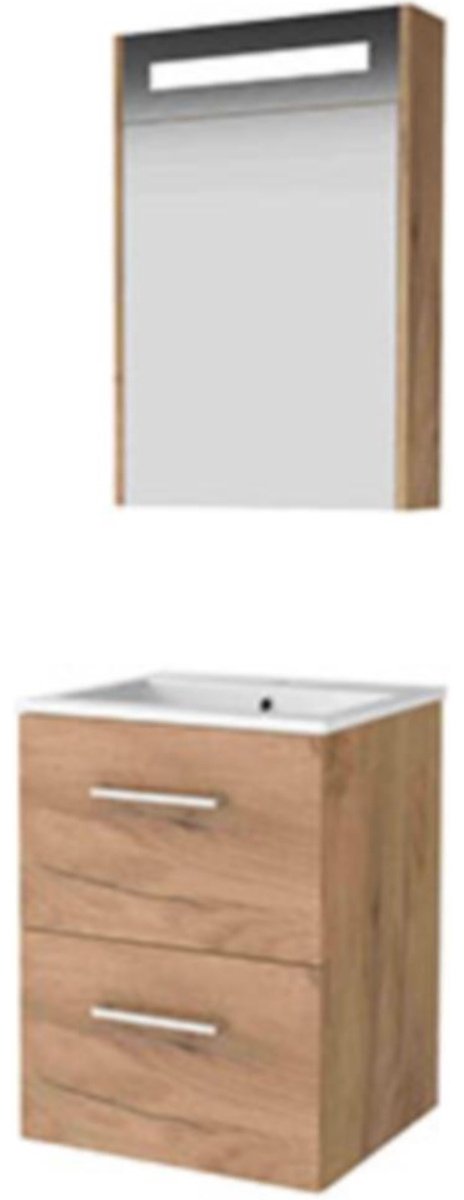 Basic-Line Premium 46 Badkamermeubelset - 50 x 46 cm - Met Grepen - 2 Lades - Keramische Wastafel - 1 Kraangat - Spiegelkast met LED Verlichting - Whisky Oak