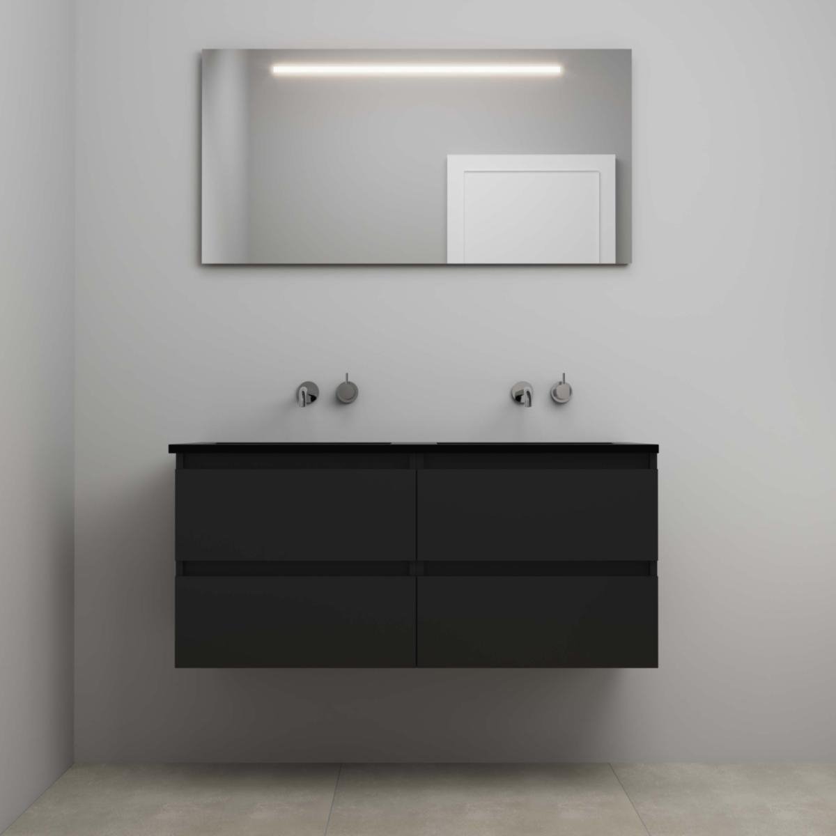 On-Line Badkamermeubelset - 120 cm - Voorgemonteerd - Ladestructuur - Acryl Wastafel - zonder Kraangat - Spiegel met LED-Verlichting - Mat Zwart