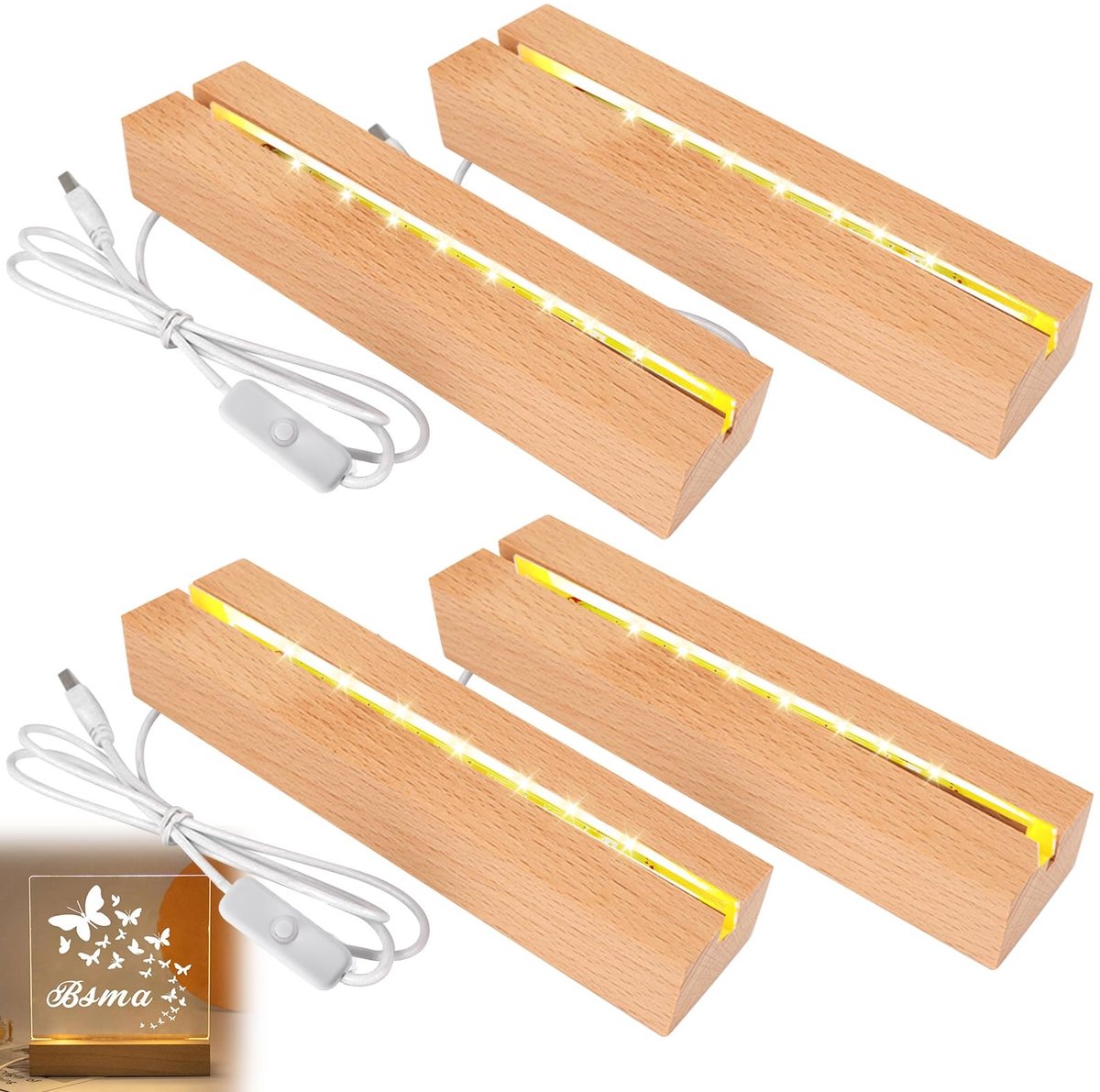 Golden crown - LED Houten Basis - 4x USB Verlichting - 30 cm Rectangulaire Verlichting - Decoratie voor Acryl - Kristal Decoratie - Geschikt voor Thuisg...