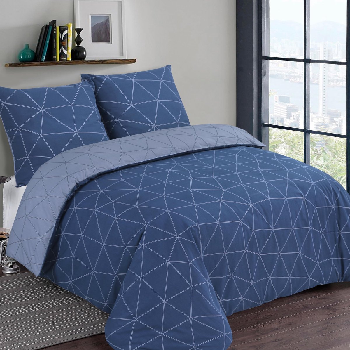 ONF3 - Beddengoed - Omkeerbaar dekbedset - 240 x 220 cm - Blauw/denimblauw - Katoenen dekbedovertrek - Geschikt voor 2-persoonsbed - Luxe slaape...