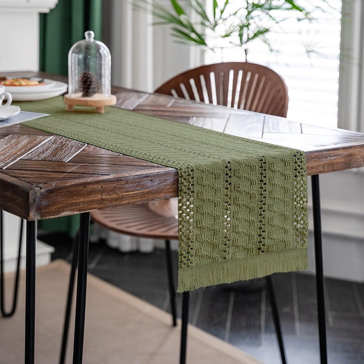 Tafelloper Groen - Tafelkleed - Tafeldecoratie - Geweven Patroon - 395 cm lang - Groen