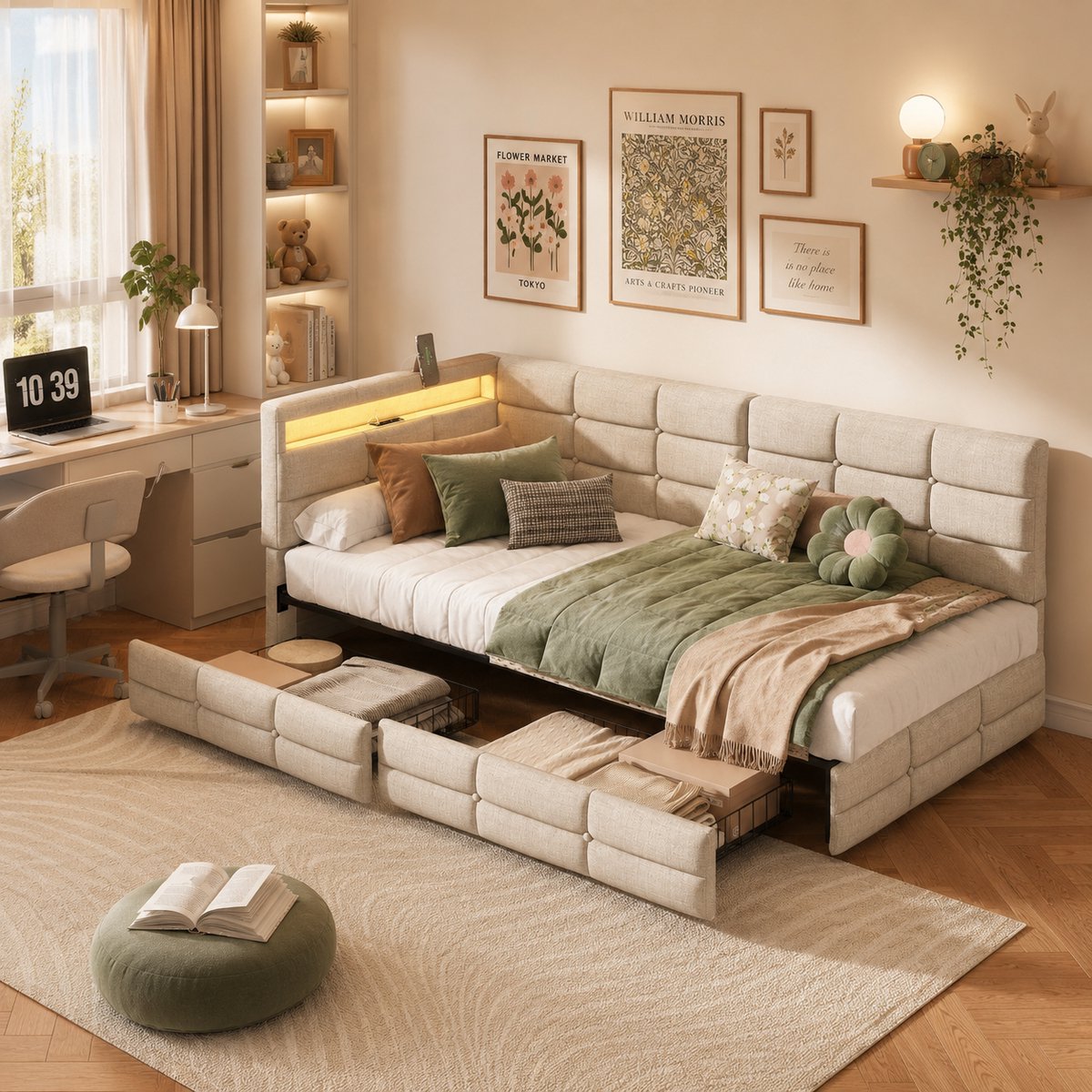 MEXUS Eenpersoonsbed 90×200 cm met twee lades, gestoffeerd bed met ledverlichting en usb-poort, slaapbank met lattenbodem, bed 90×200, Moderne - linnen bekleding, Beige