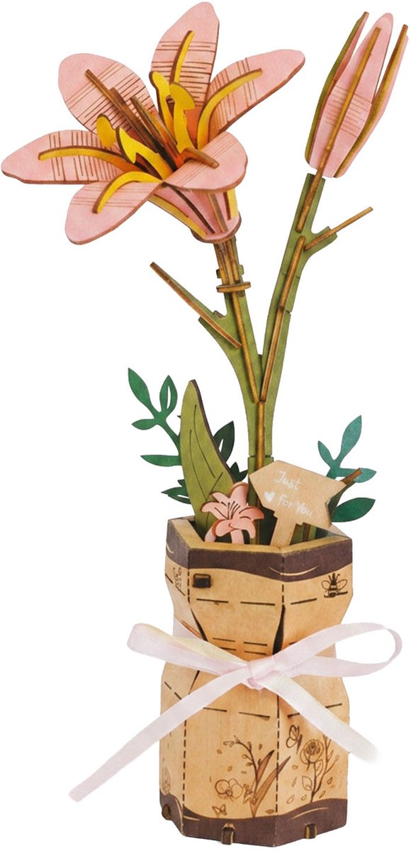 Inspirebox Modelbouwpakket Roze Lelie - Decoratieve Bloem - 3D Houten Puzzel - 20 cm - Bouwpakket voor Volwassenen en Kinderen - Creatief Knutselen - DIY Modelbouwpakketten