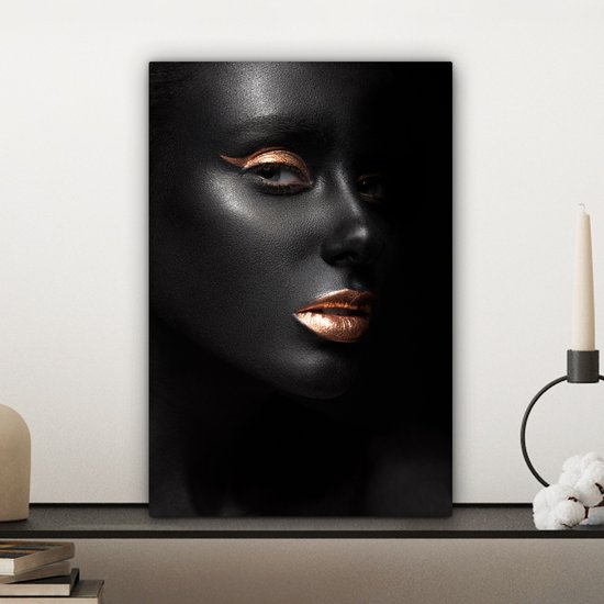 Peintures sur toile - Profil d'une femme maquillée dorée sur fond noir - 20x30 cm - Décoration murale