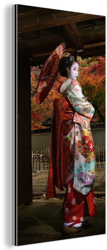 Aluminium schilderij 20x40 cm - Wanddecoratie metaal - Geisha bij Gion in Japan - Metalen muurdecoratie woonkamer - Decoratie industrieel - Foto op dibond - Industriële accessoires slaapkamer