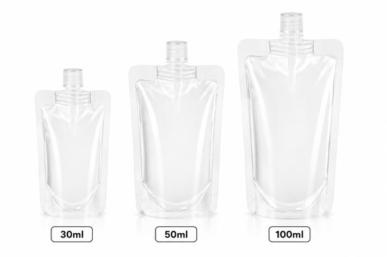 Navulbare Pouch Set – Hervulbare Zakjes met Dop – Voor Shampoo, Zeep, Lotion en Reinigingsmiddelen – 30 ml, 50 ml en 100 ml – Transparant – 3 Stuks