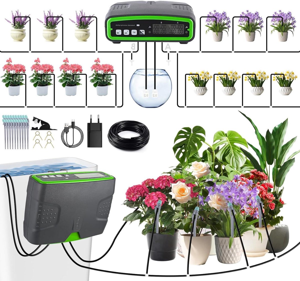 Automatische irrigatie set - Planten watergever - Planten verzorgen - Dubbele pomp instelbaar - 20 planten - Zwart