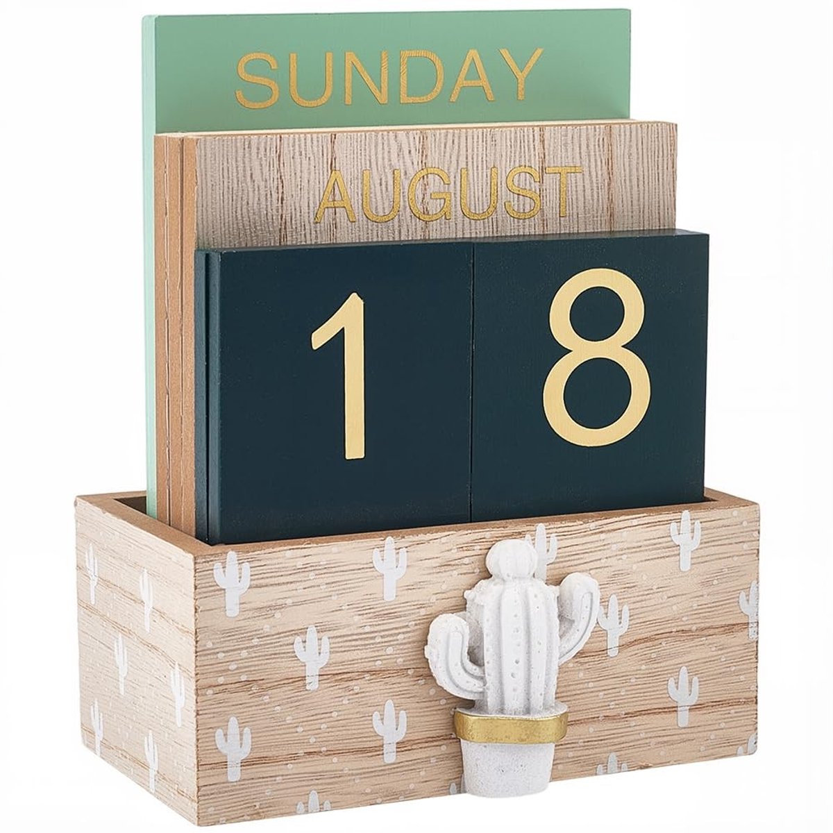 ONF3 - Vintage Houten Blok Dagkalender - Cactus Design - Bureau Accessoire - Houten Kalender - Decoratie - Geschikt voor Thuis - Cactusvorm