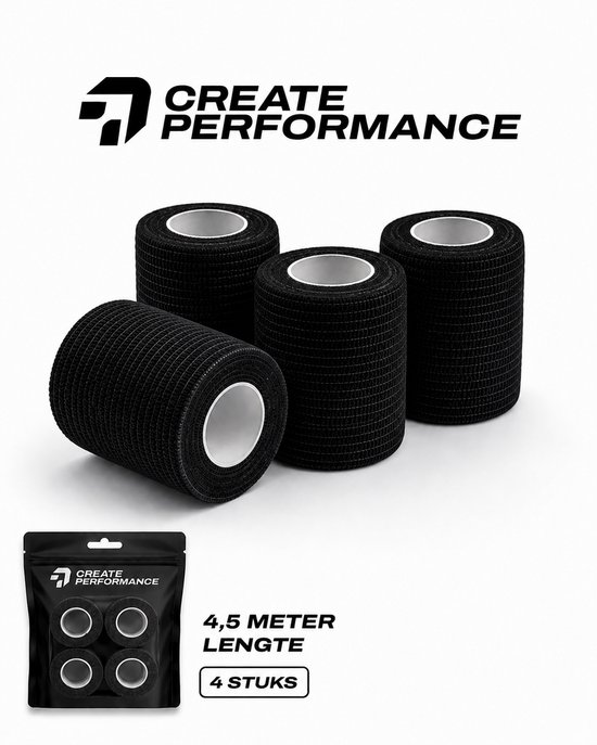Vier zwarte, zelfhechtende sporttapes van Create Performance op een rol, met inzetstuk van wit karton. Verpakt in een zwart tasje met vier rollen tape. Tekst: 4,5 METER LENGTE, 4 STUKS.