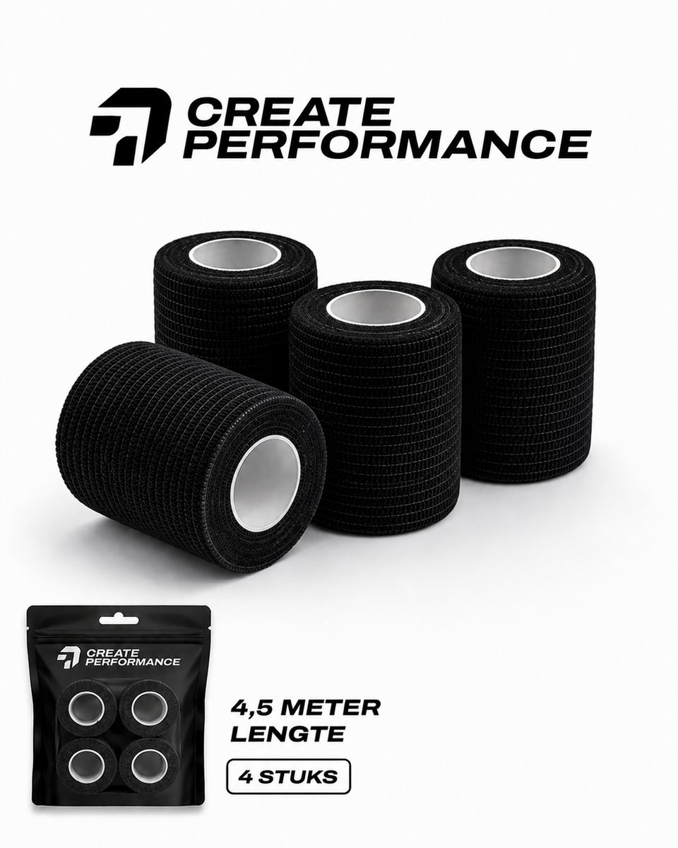 CREATE PERFORMANCE Voetbal Sokken Tape - Sokwrap - Underwrap - Cohesive Bandage - Sporttape - 4 stuks - Zwart - Inclusief Tape Tasje