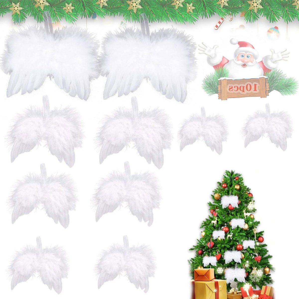 MK Stoer -Kerstboomversiering - engelenvleugels - wit - kerstdecoratie - ornament om op te hangen - kerstfeest - decoratie - doe-het-zelf handwerk - geschikt voor kerst - 10 stuks