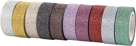 Tien rollen glittertape in diverse kleuren, liggend naast elkaar. Kleuren zijn zilver, goud, lichtbruin, grijs, bruin, paars, roze, rood, lichtblauw en groen.
