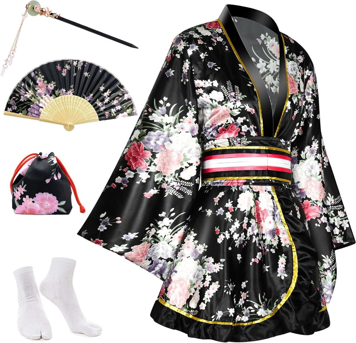 Vijfdelige Dames Kimono Badjas - Korte Kimono Jurk met Bloemenprint, Sexy Geisha Yukata van Satijn met Accessoires voor Comfort en Stijl