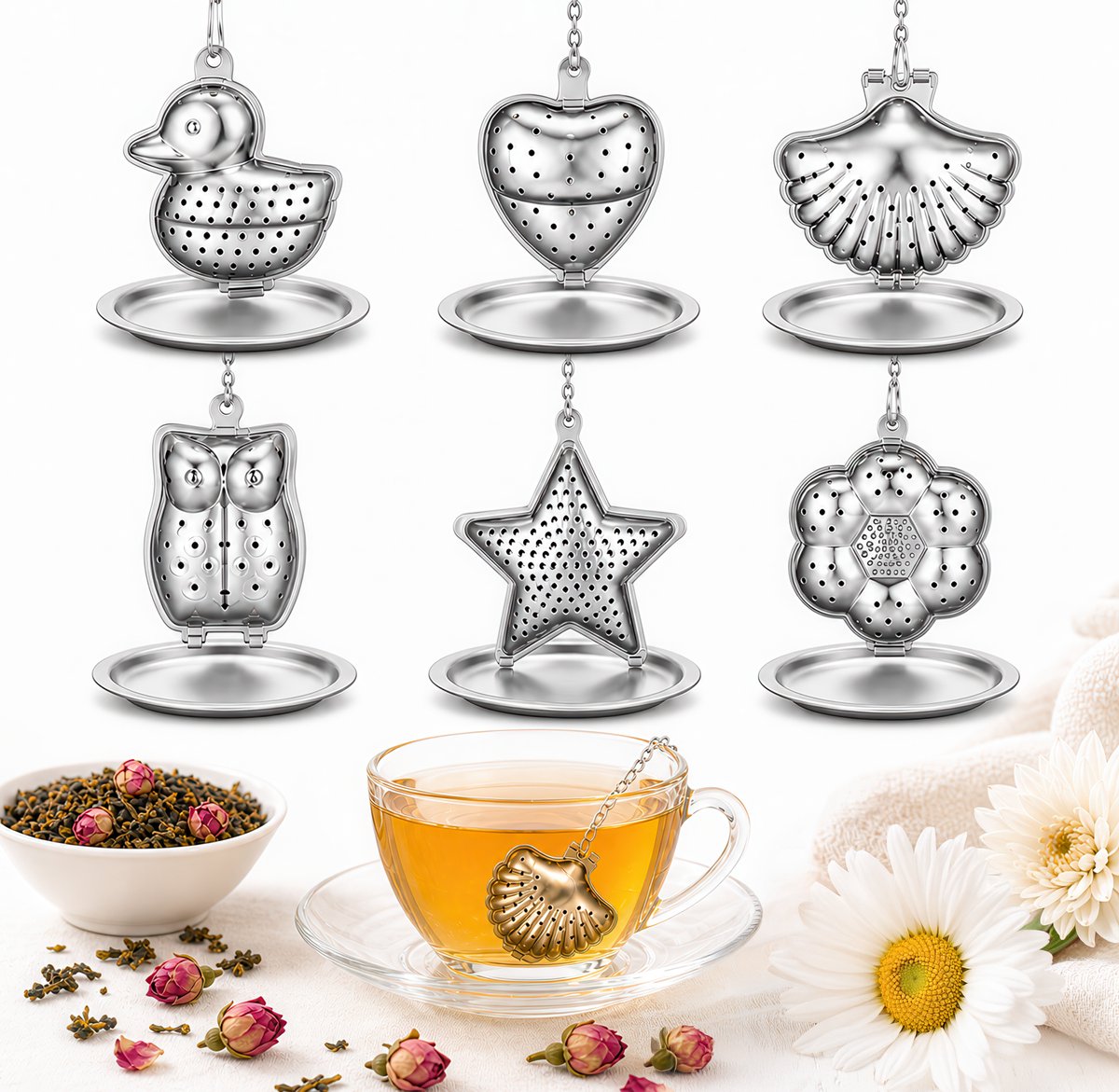 Set van 6 Stuks RVS Theefilters met 6 Lekbakjes - Theezeef voor Losse Thee en Kruiden - Tea Infuser\Strainer Giftset - Verse Thee filter\Zeef Cadeau Pakket - Kruidenbuiltje ei met Onderzetters - Geschenkset