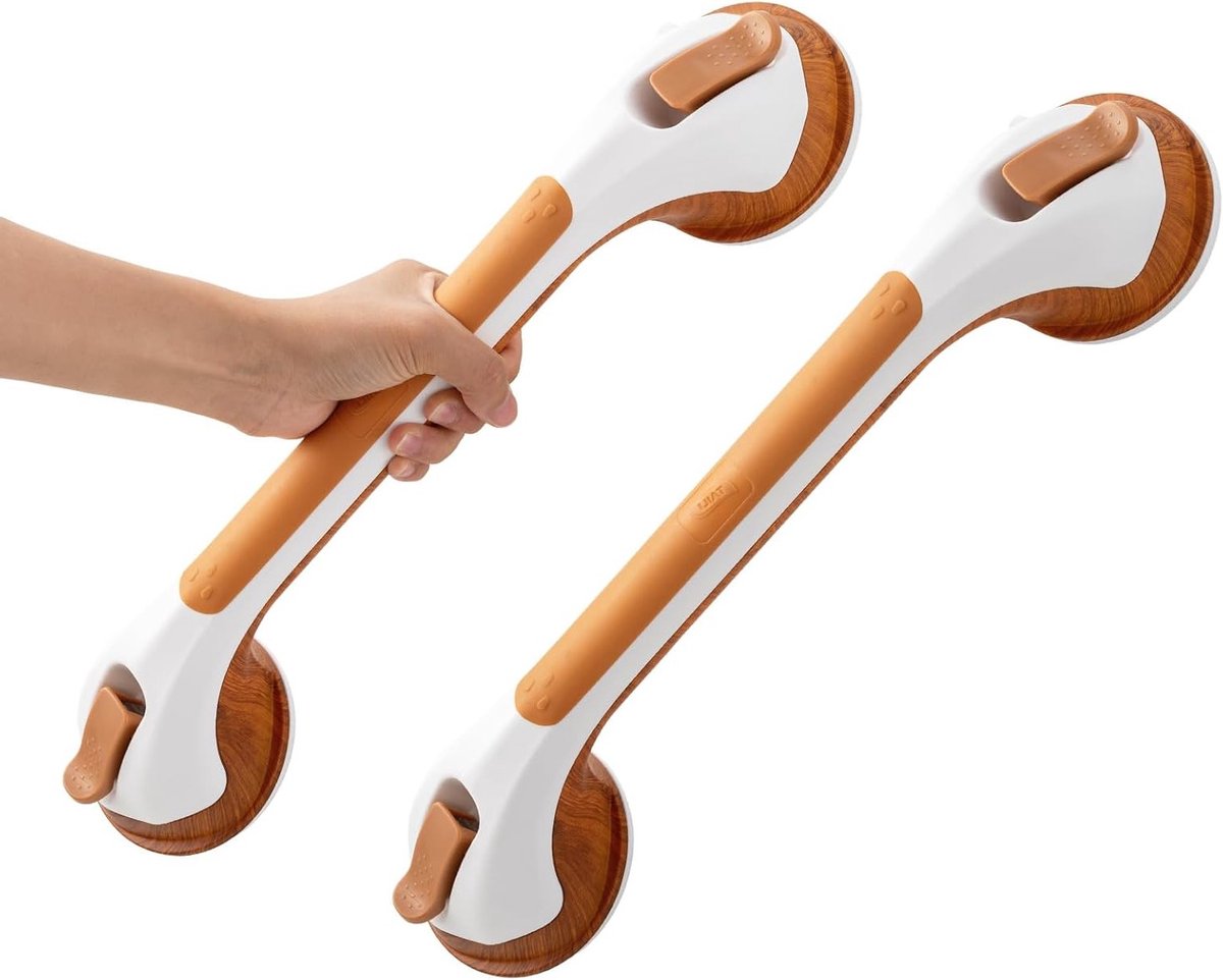 Suction cup handgrepen voor badkamer, 43 cm lang, maximaal 110 kg, veilig voor ouderen en gehandicapten, 2 stuks met houtlook