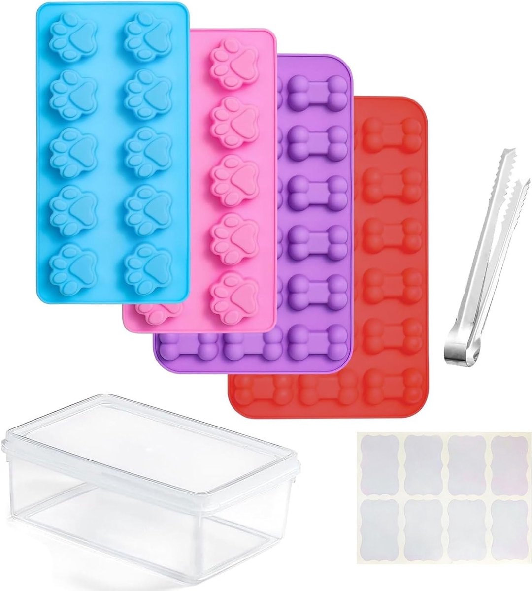 4-delige antikleef set voor hondensnacks in poot- en botvorm, inclusief bak en ijstang, ideaal voor ijsjes en chocolade maken
