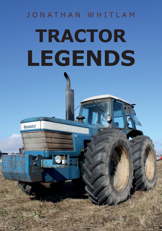 Tracteur County bleu avec de grandes roues, ciel bleu, titre 'Tractor Legends'.