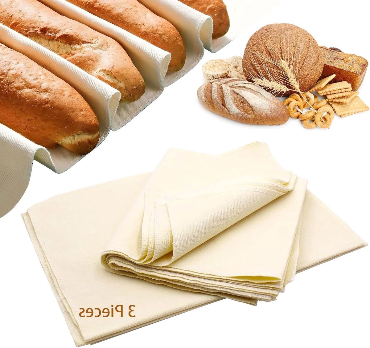 Set van 3 Premium Baklinnen Doekjes 48 x 36 cm & 75 x 45 cm – Natuurlijke Linnen Fermentatie Film, Strudel Doek voor Deegbereiding en Bakaccessoires van Katoen en Linnen, Perfect voor Brood en Gebak
