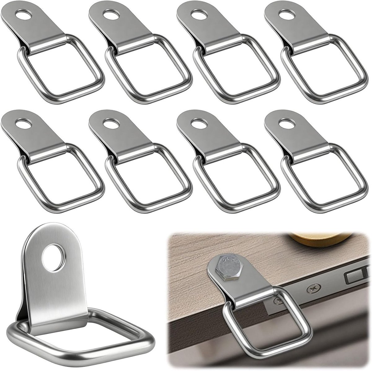 Set van 8 lashing eyes voor aanhangwagens, D-ring, roestvrij staal, geschikt voor zware lasten tot 200 kg, ideaal voor het zekeren van vracht, kajak en auto-accessoires