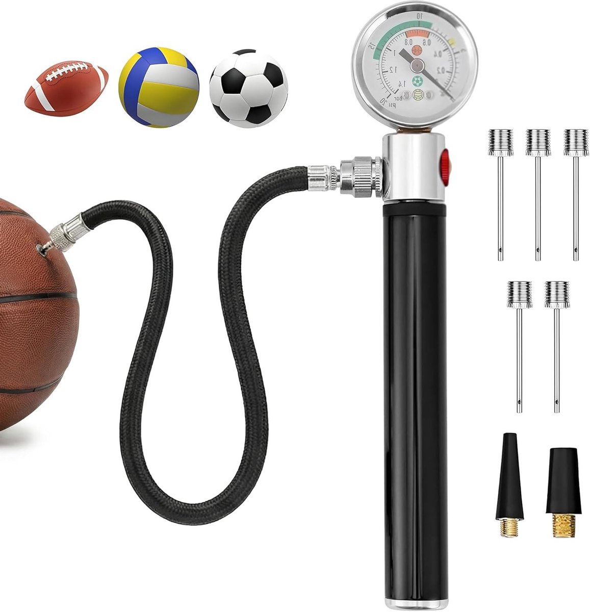 Draagbare Mini Luchtpomp met Drukmeter voor Basketbal, Voetbal en Volleybal - Aluminium Pomp met Opblaasnaald voor Diverse Opblaasbare Ballen