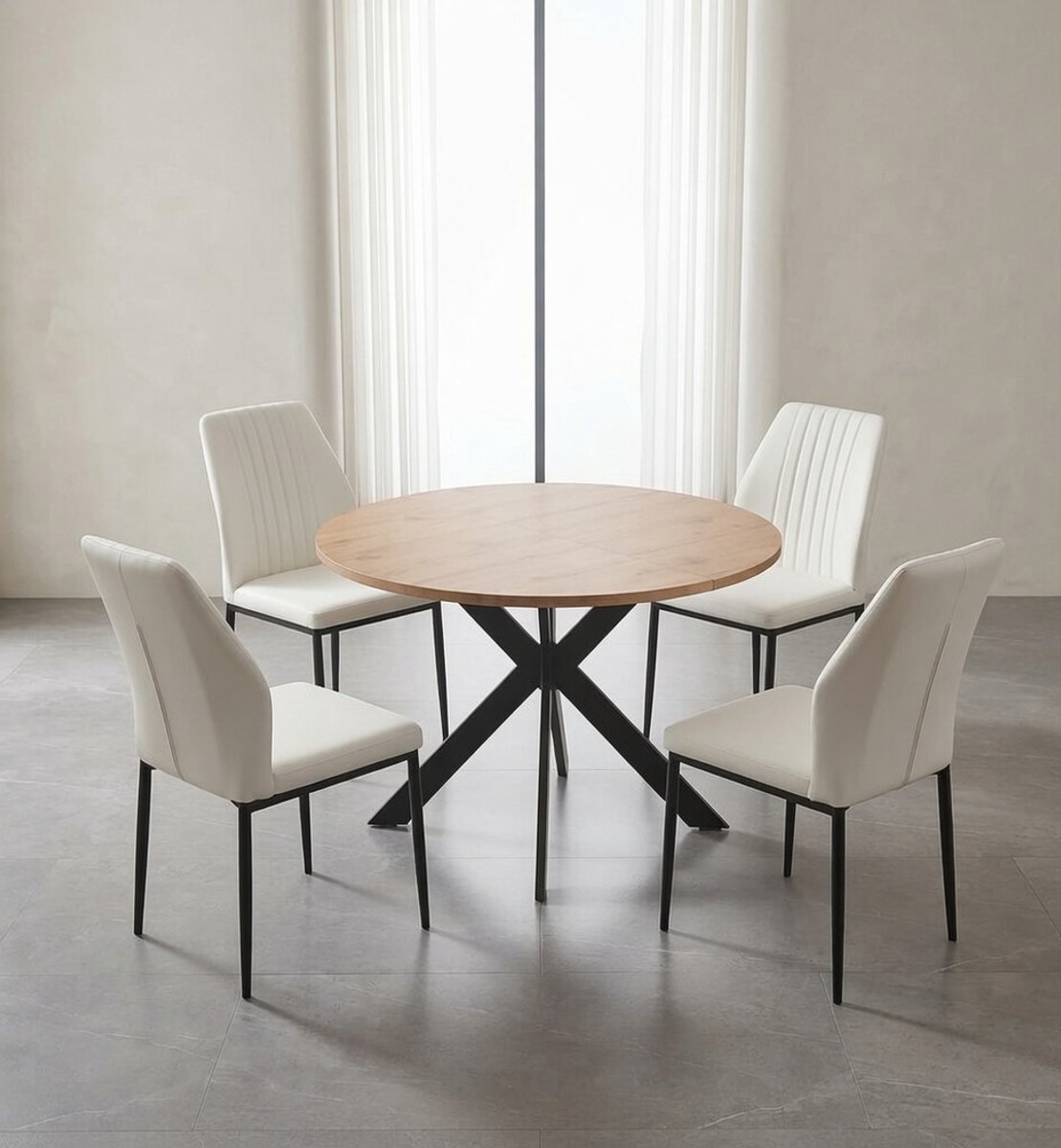 Ronde Eettafel Set 115 cm met 4 Stoelen – Modern Minimalistisch Design, MDF Tafelblad & Metalen Onderstel – Witte PU Leren Stoelen – 4 Personen | Ganeey