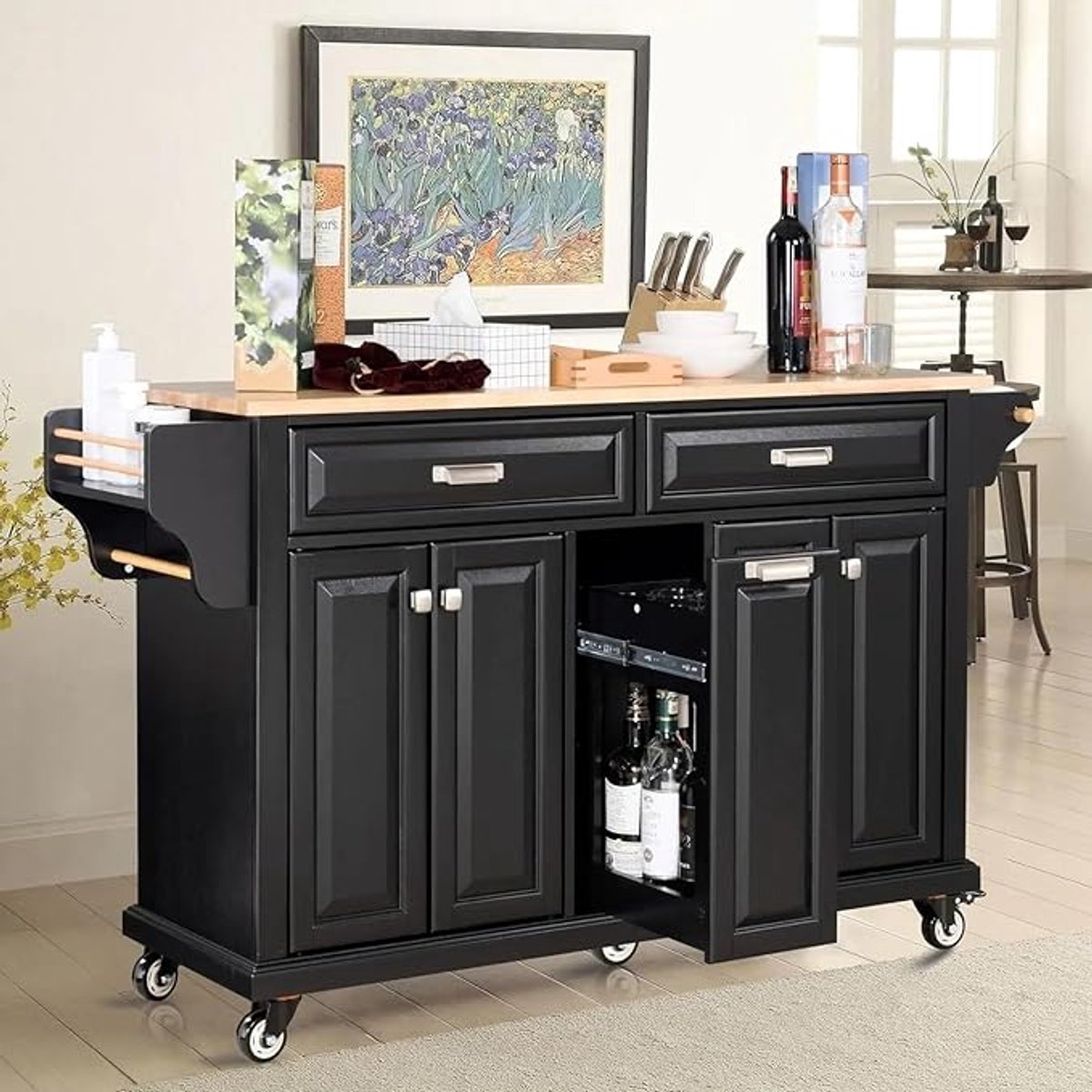 Keukentrolley met Houten Werkblad 120x45x90 cm – Keukeneiland op Wielen met 4 Deuren, 2 Lades, Kruidenrek & Handdoekhouder – Zwart