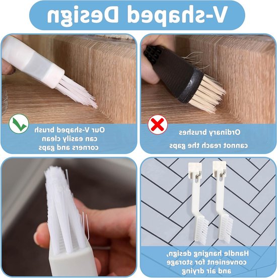 Set van 6 V-vormige voegenreinigingsborstels met 4 stevige borstels, multifunctionele spatels en hoekreinigingsborstel voor badkamer- en tegelvloeren — afbeelding 3