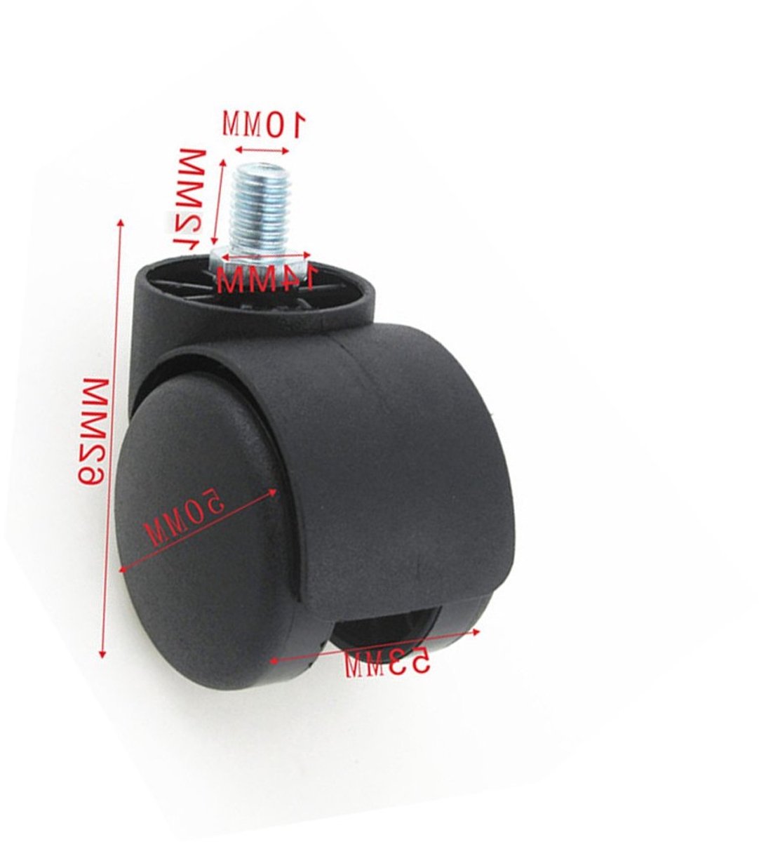 Set van 5 Zwarte Rubber Vloerbeschermende Wielen voor Kantoorstoelen - 2 Inch, Geschikt voor M10x12mm Schroefdraad, Ideaal voor Meubilair en Vloerbescherming