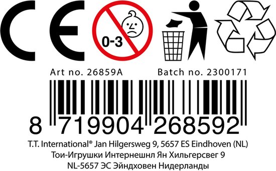 CE-keurmerk, verboden voor kinderen onder 3 jaar, afval en recycling symbolen. Art no. 26859A. Batch no. 2300171.