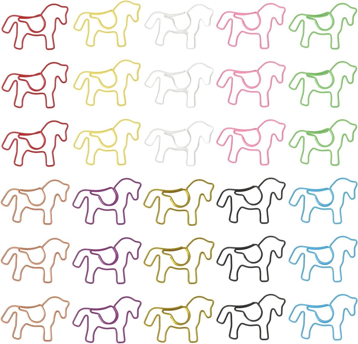 Kleurige paperclips in paardvorm – 30 creatieve metalen klemmen voor notities, school en kantoor, perfect als bladwijzers en voor ansichtkaarten, 3,8 × 2,7 cm