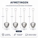 Vier zilverkleurige, hartvormige theefilters met afmetingen en producteigenschappen.