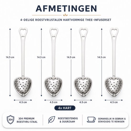 Vier zilverkleurige, hartvormige theefilters met afmetingen en producteigenschappen.