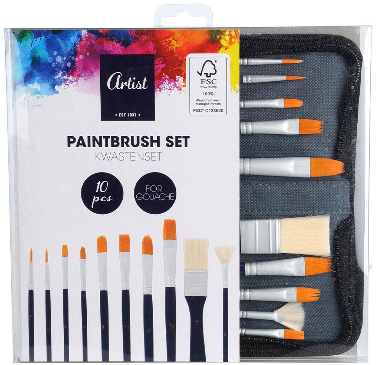 Kwasten set gouache opbergtas 10 stuks FSC hout schilderen.