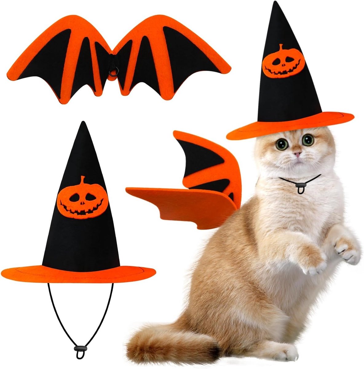 Halloween Kostuum voor Huisdieren met Verstelbare Pompoen Tovenaarshat en Vleermuisvleugels voor Feestjes en Cosplay van Honden en Katten