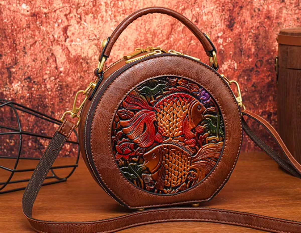 Hetty'S - Luxe handtas - Uniek rond model - met Goudvissen - Leer - Maat 20 X 19 X 9 cm
