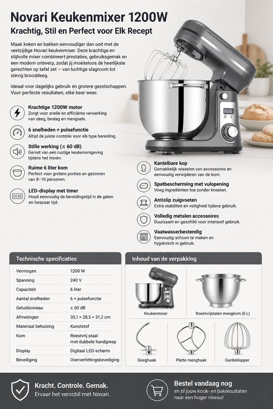 Novari Keukenmixer - Keukenmachine - Keukenrobot - Deegkneder - 1200W motor - 6 snelheden - Stille werking - 6 liter kom - Grijs van Merkloos — afbeelding 2